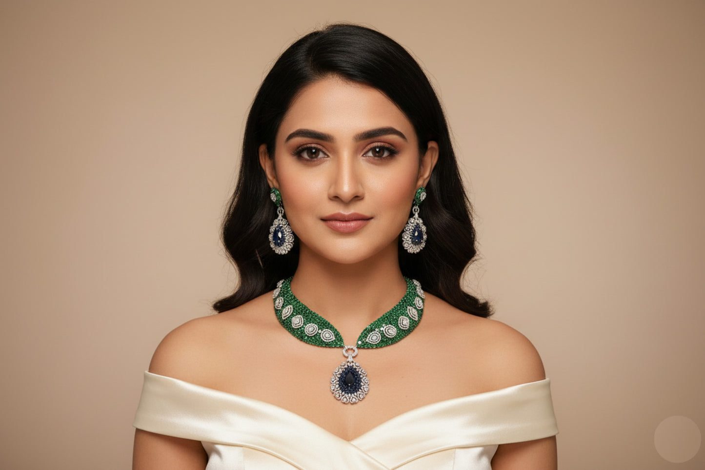 Mahira Premium CZ Doublet Necklace Set - Green Blue