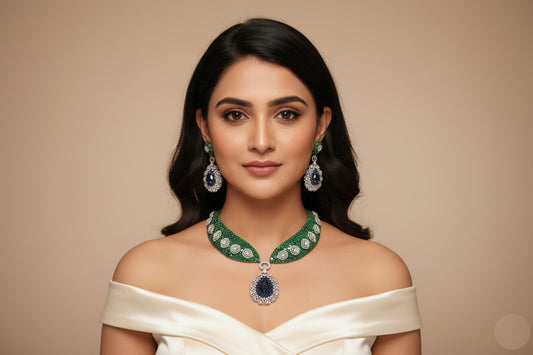 Mahira Premium CZ Doublet Necklace Set - Green Blue