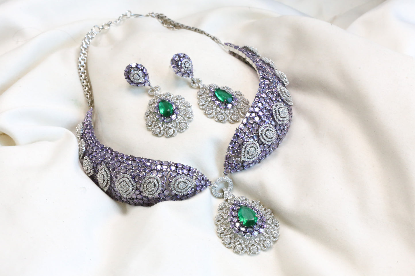 Mahira Premium CZ Doublet Necklace Set - Purple