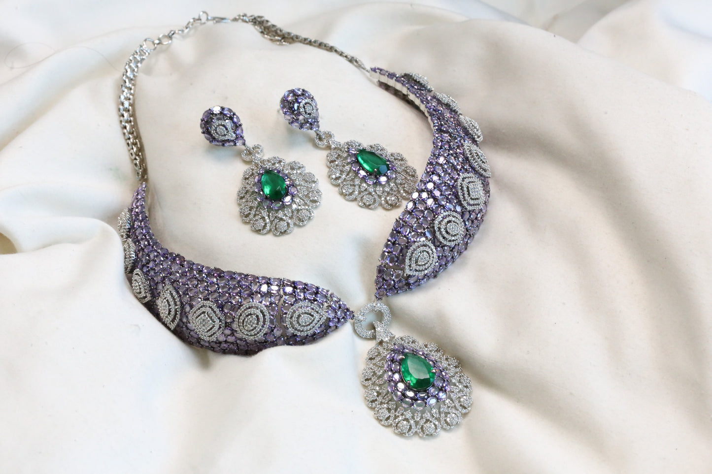 Mahira Premium CZ Doublet Necklace Set - Purple