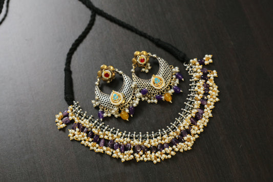Sirisa Dual Tone Oxidized Necklace Set - Amehyst (T103-28)