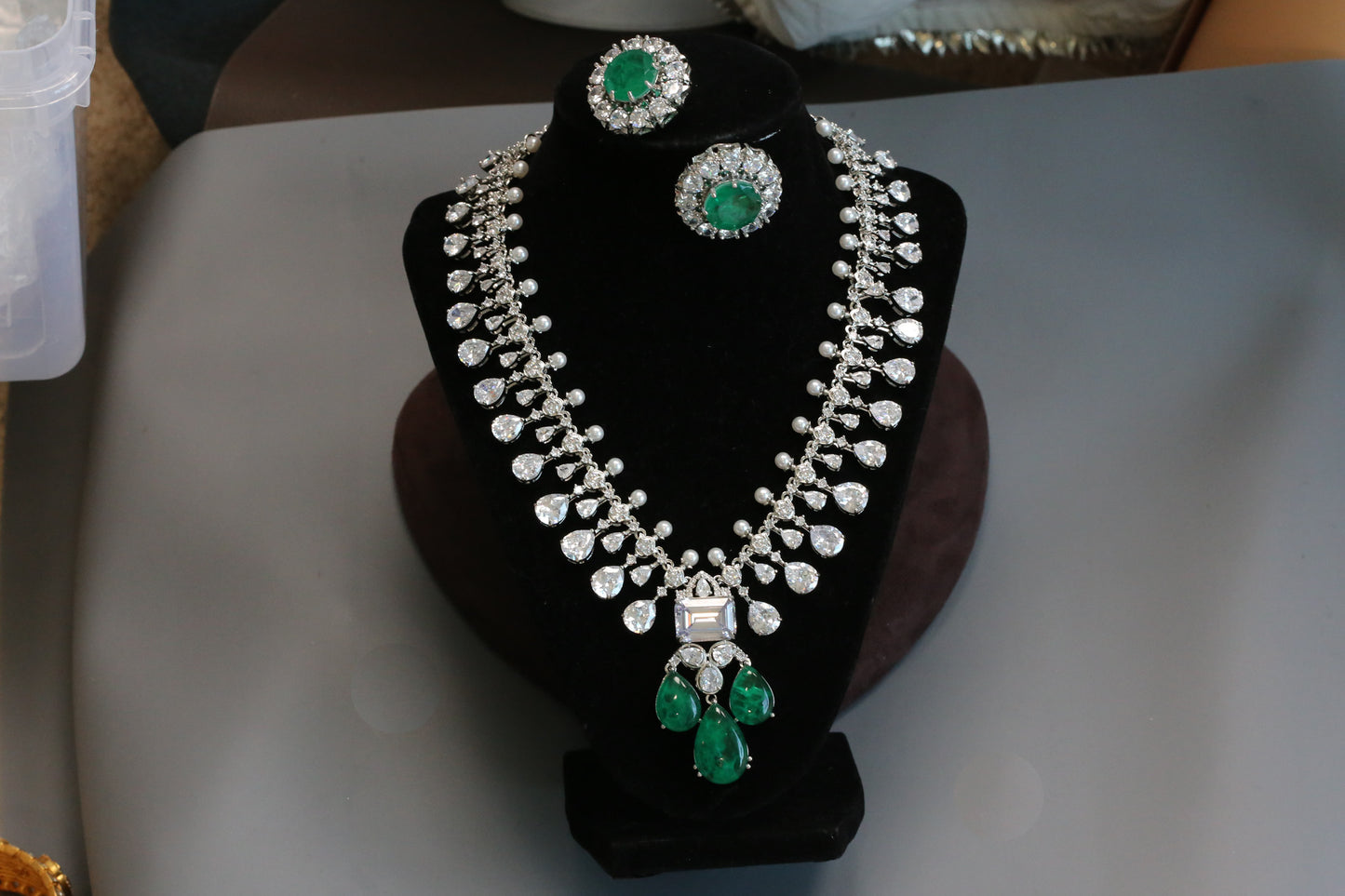 Tarini Premium Quality CZ & Doublet Necklace Set - Emerald Green