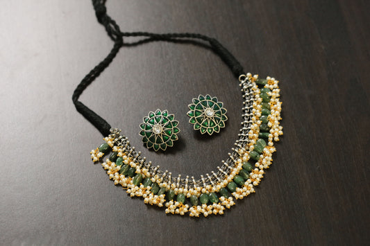 Sirisa Dual Tone Oxidized Necklace Set - Aventurine(T103-29)