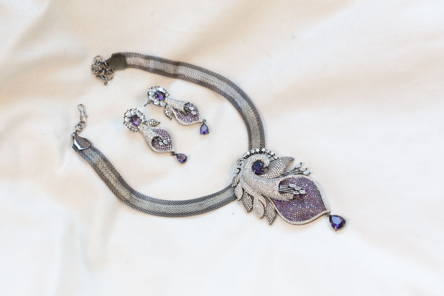 Victorian Black Polish & Micro CZ Necklace Set - Purple