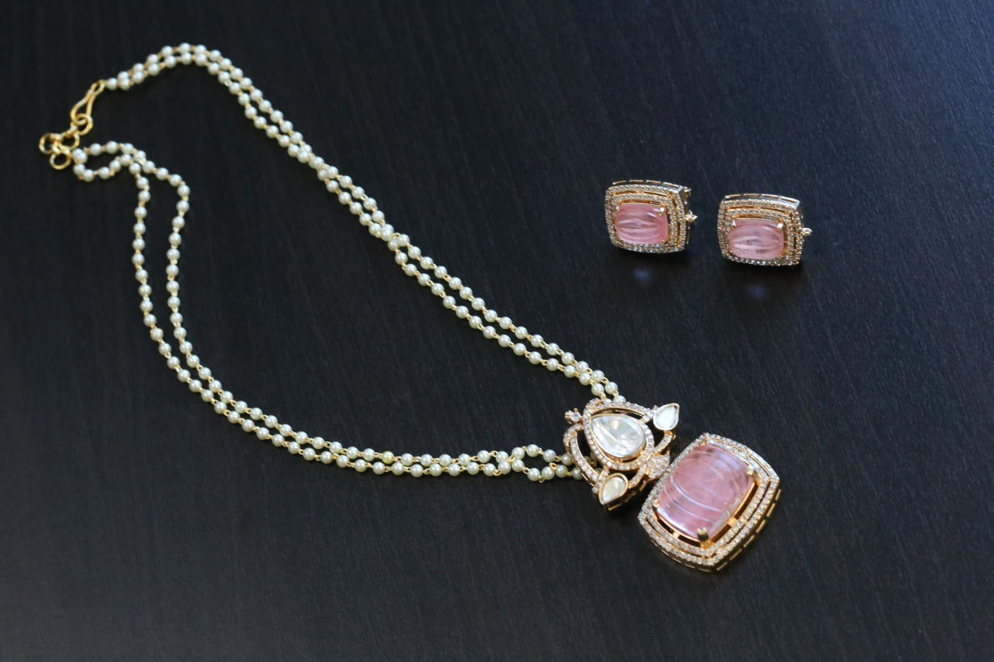 Carved Stone Polki Kundan Necklace Set - Pink