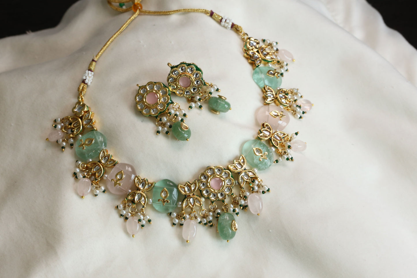 Meerut Kundan Inlay Work Necklace Set - Rose Quartz & Fluorite