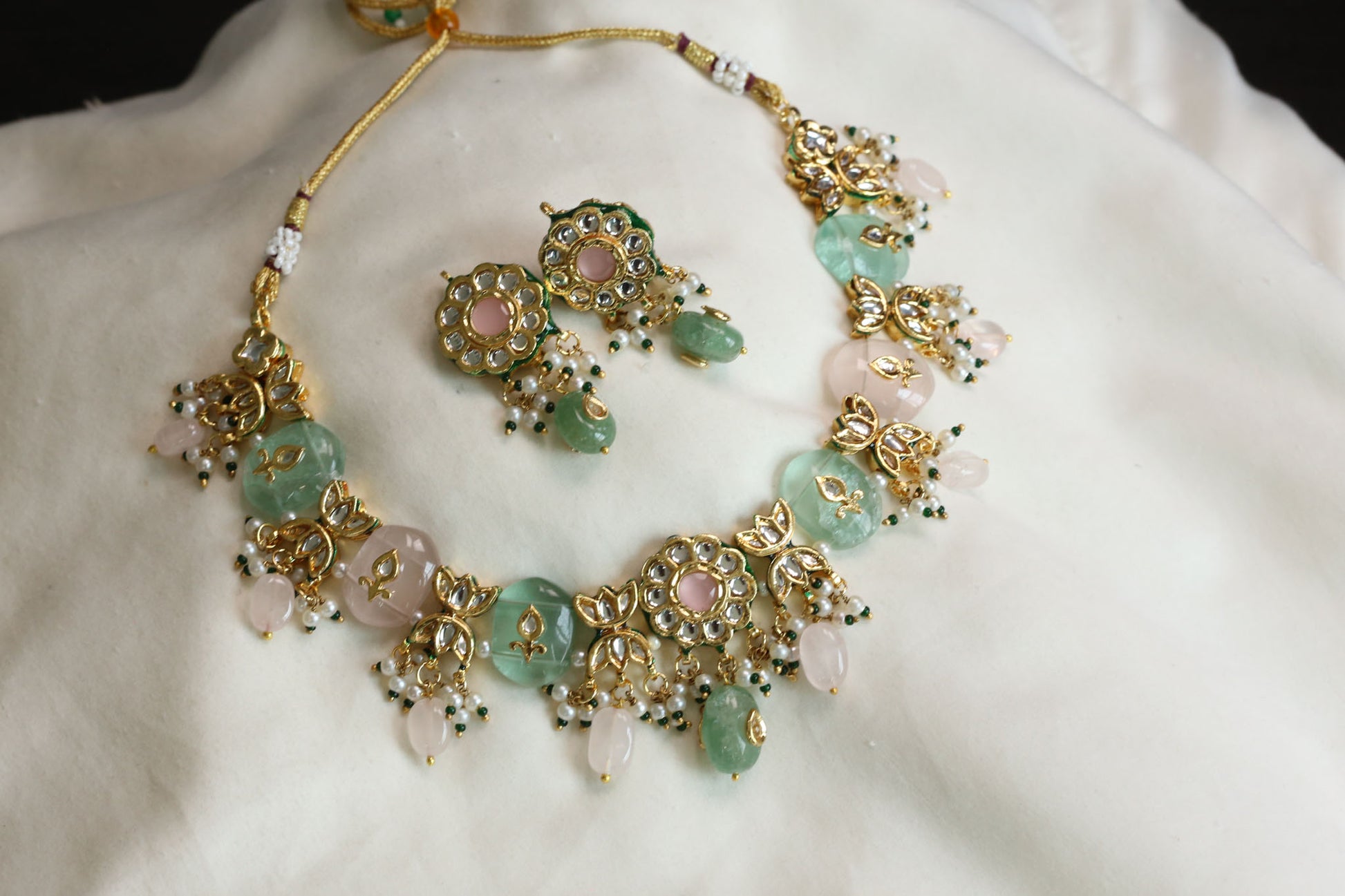 Meerut Kundan Inlay Work Necklace Set - Rose Quartz & Fluorite