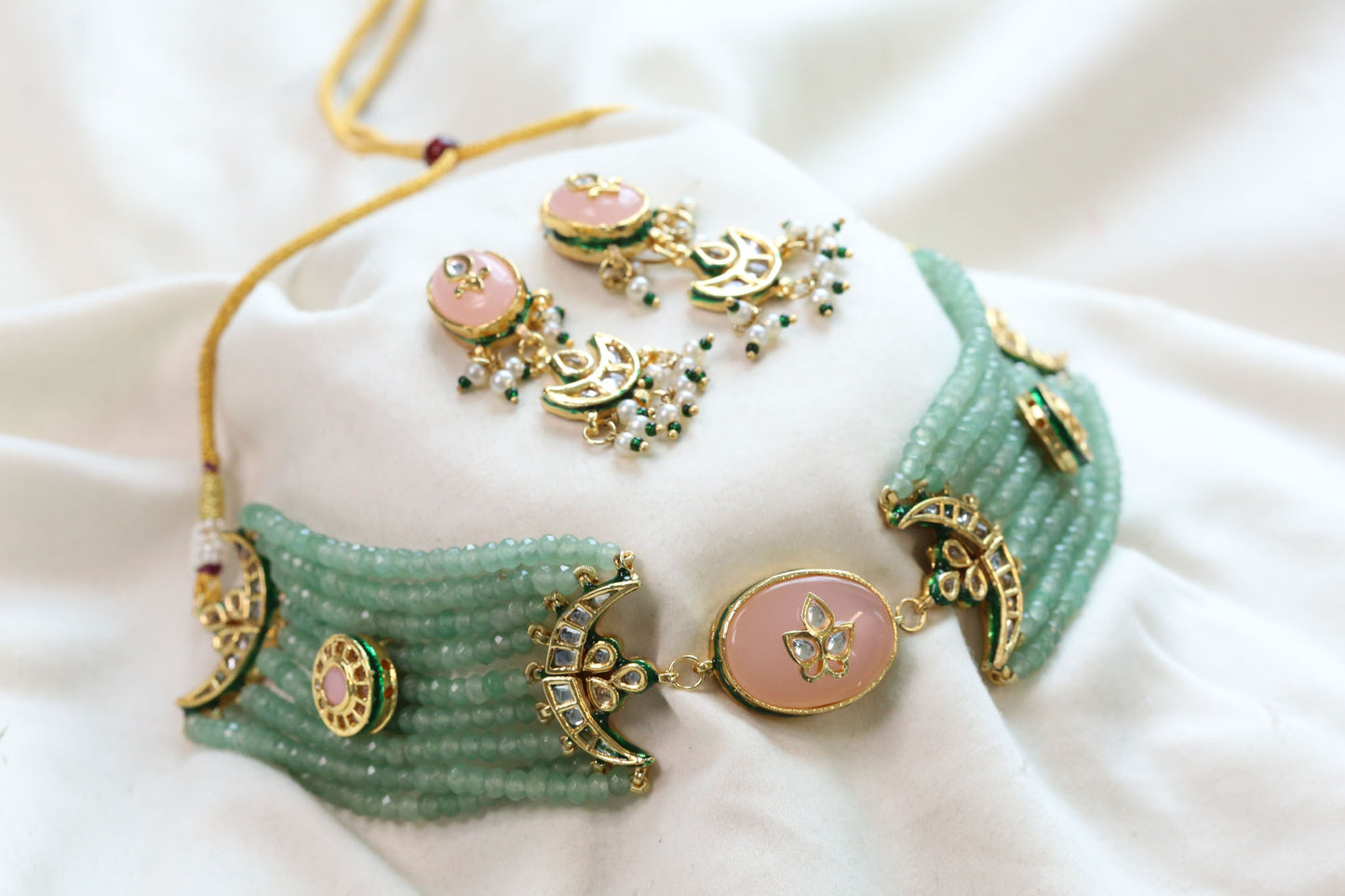 Inlay Kundan Beaded Choker Set - Green