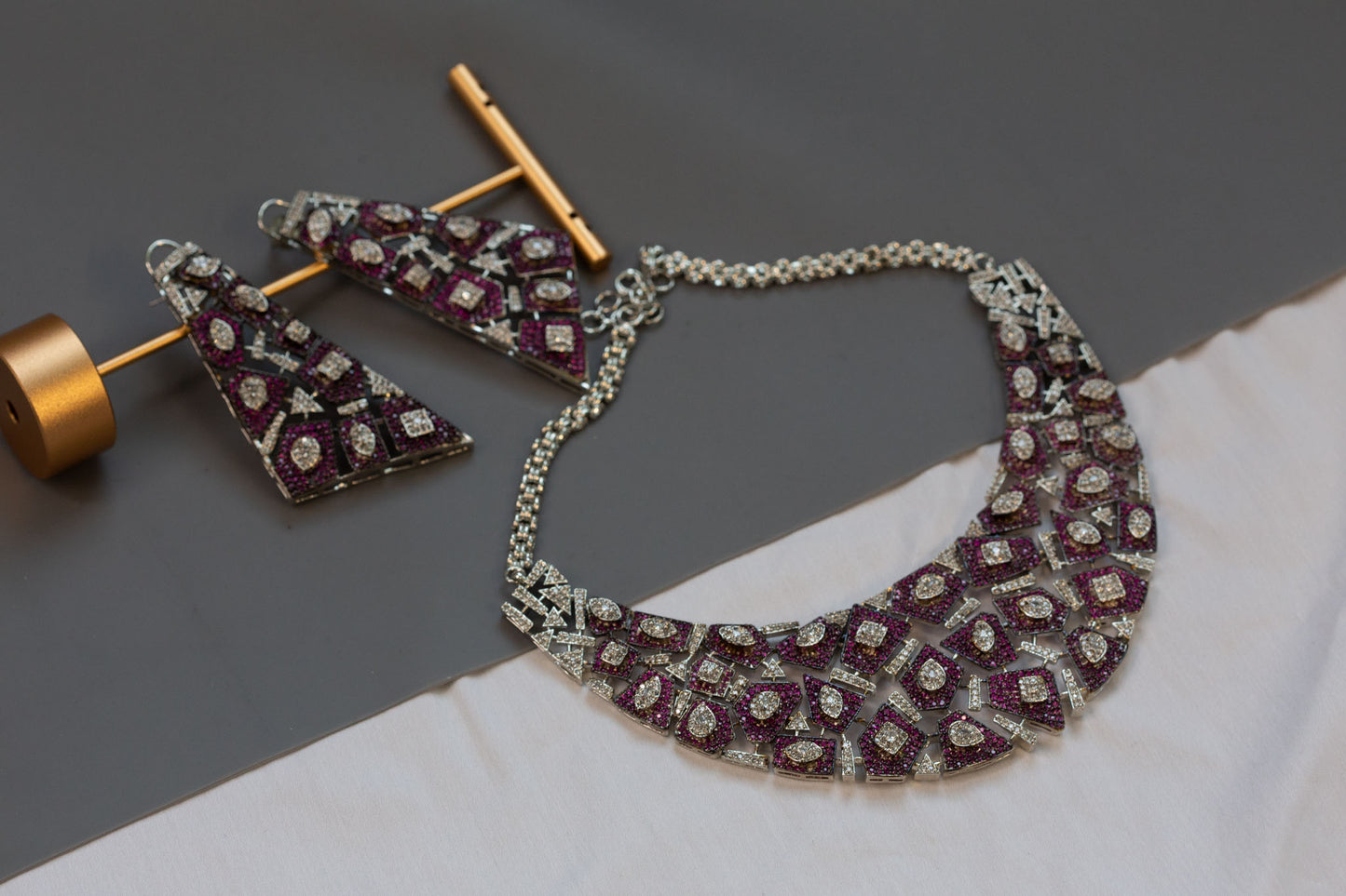 Pave Setting Micro CZ Jahaan Necklace Set - Ruby
