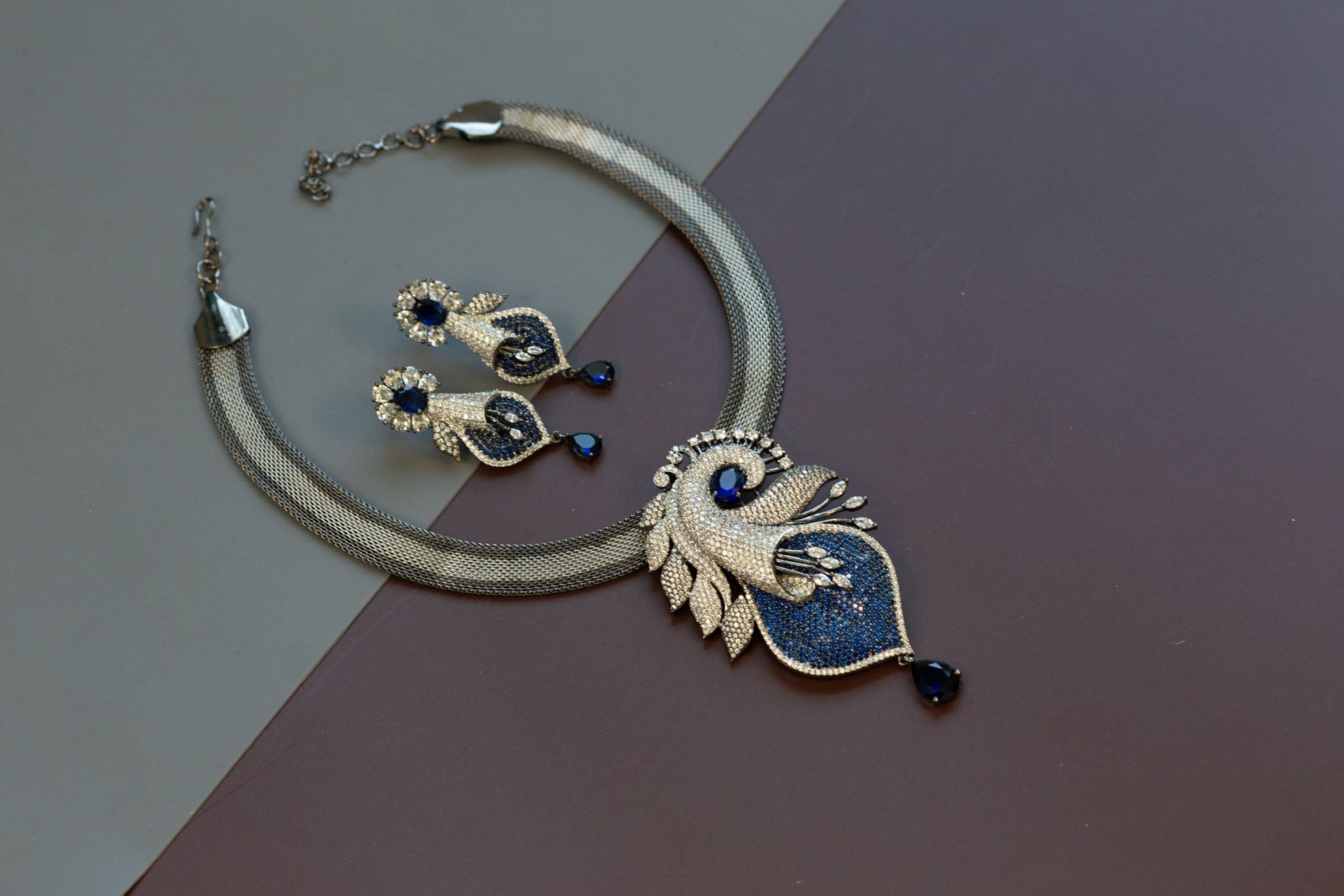 Victorian Black Polish & Micro CZ Necklace Set - Blue