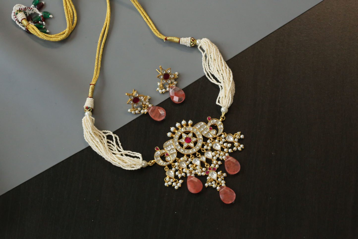 Handmade Jadau Choker Set - Faceted Strawberry Quartz Drops