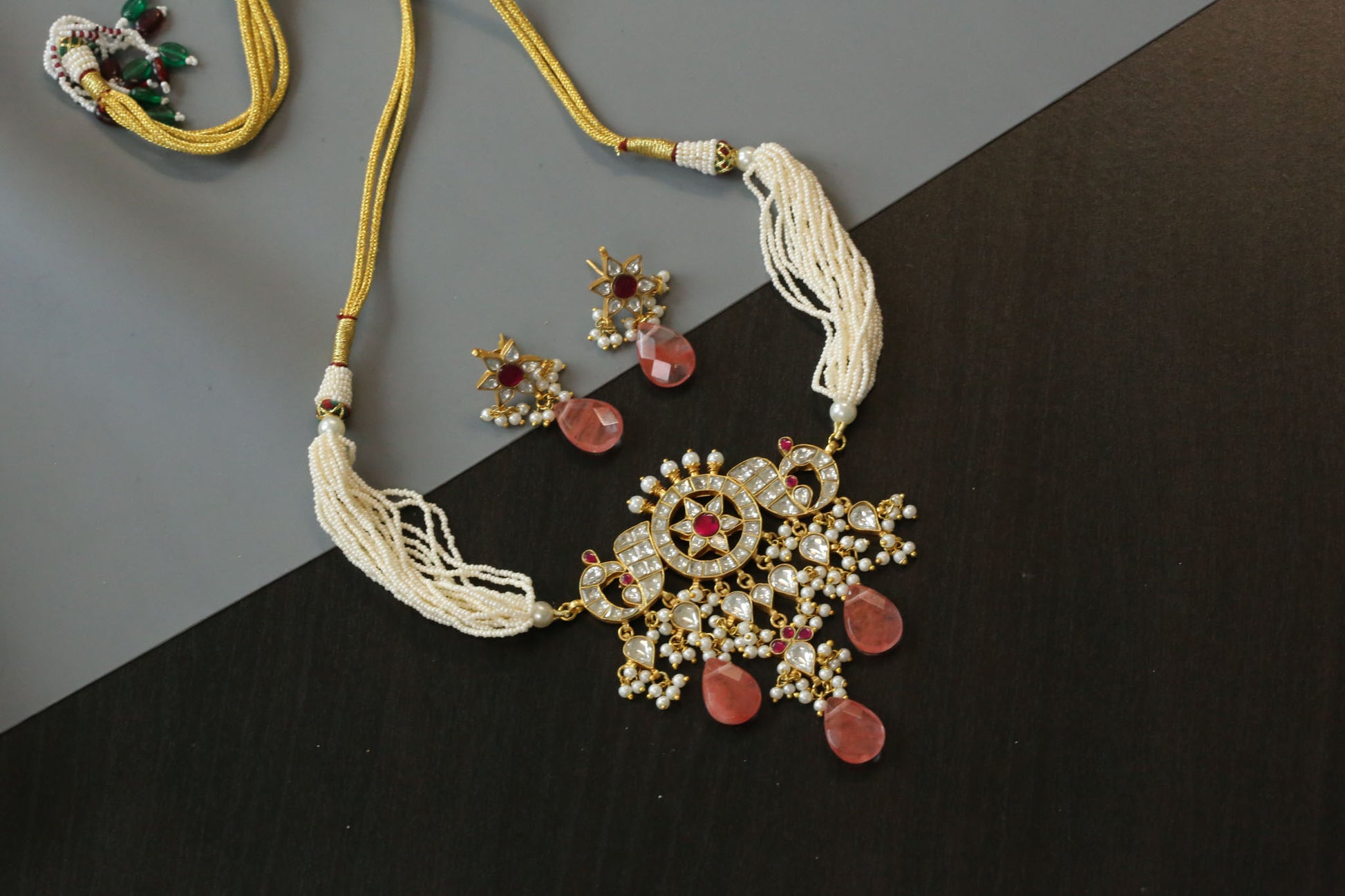 Handmade Jadau Choker Set - Faceted Strawberry Quartz Drops