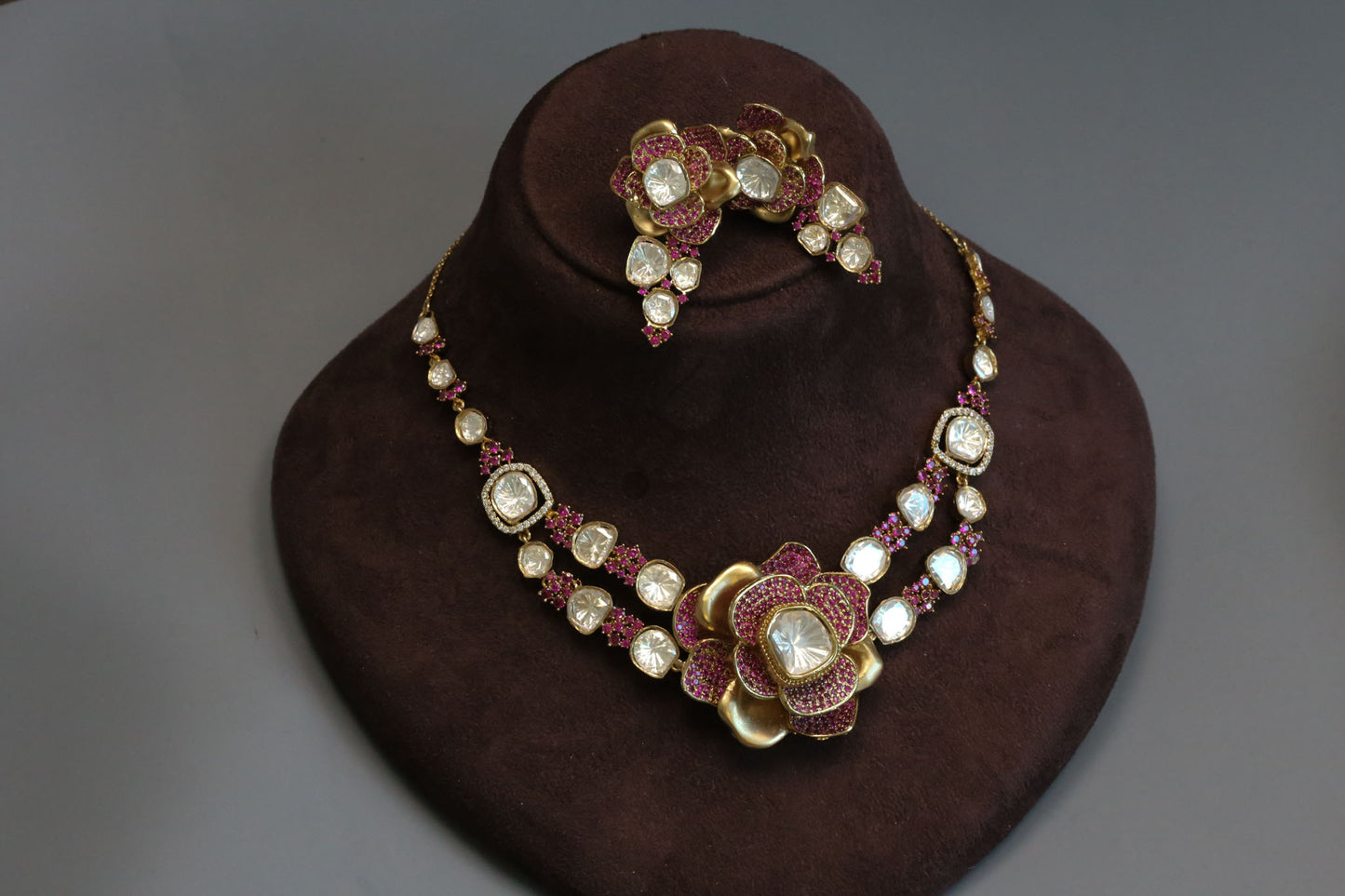 Contemporary 3D Look CZ & Polki Set Necklace Set - Ruby