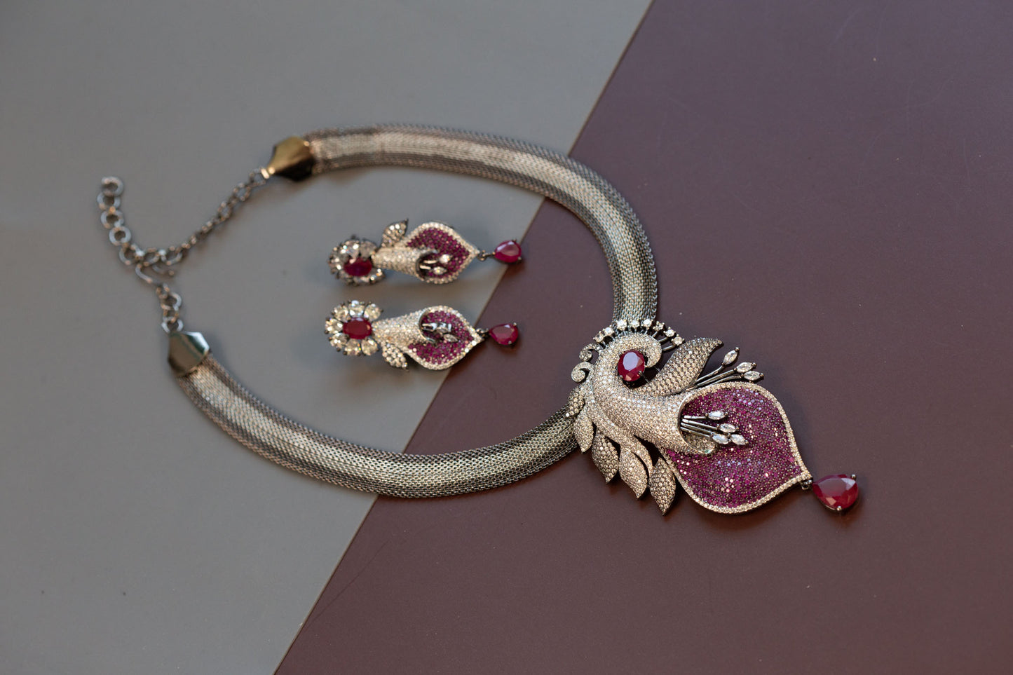 Victorian Black Polish & Micro CZ Necklace Set - Ruby