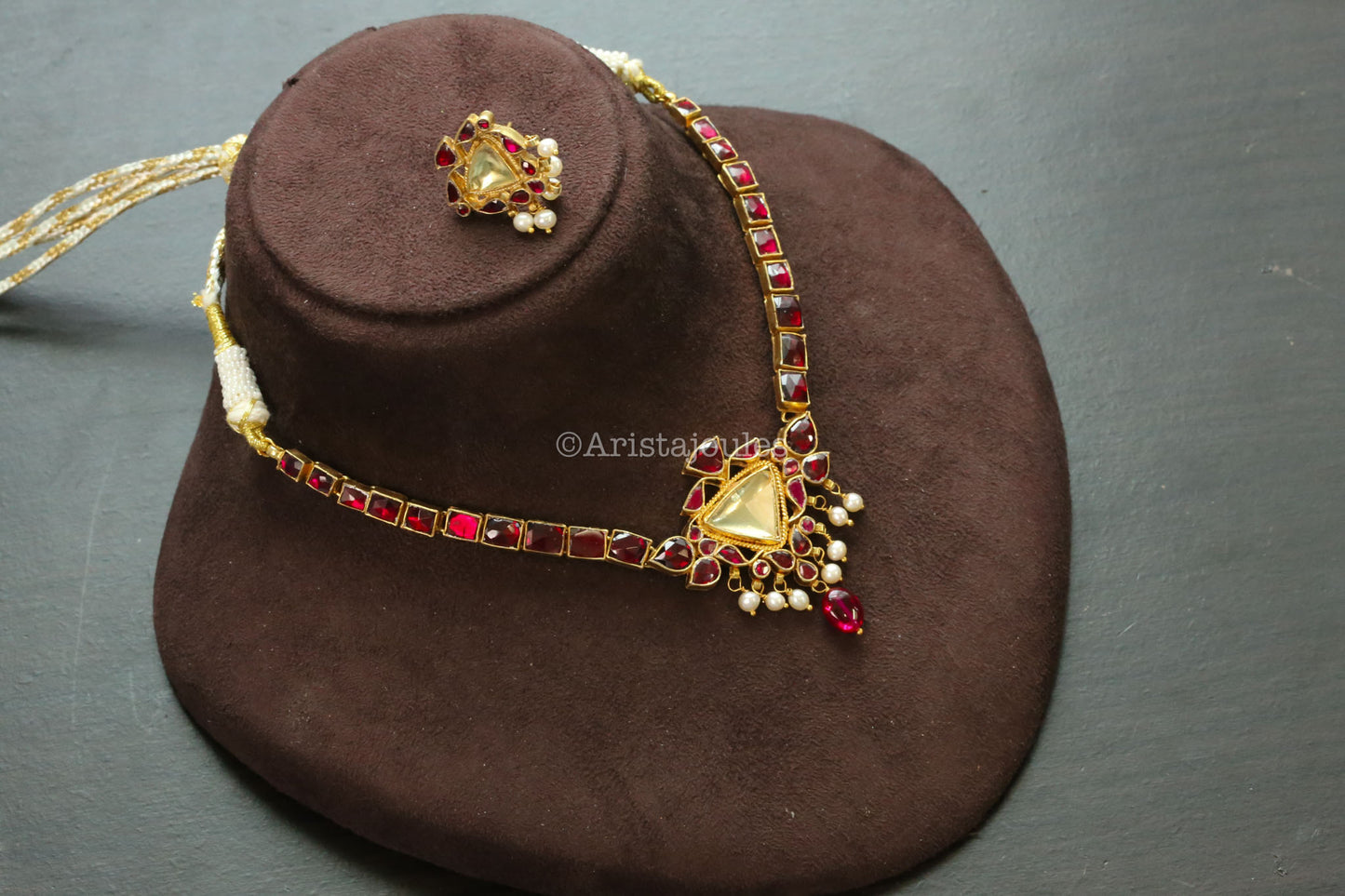 Suvarna Real Rhodiolite, Fresh Water Pearls & Yellow Polki Kundan Set