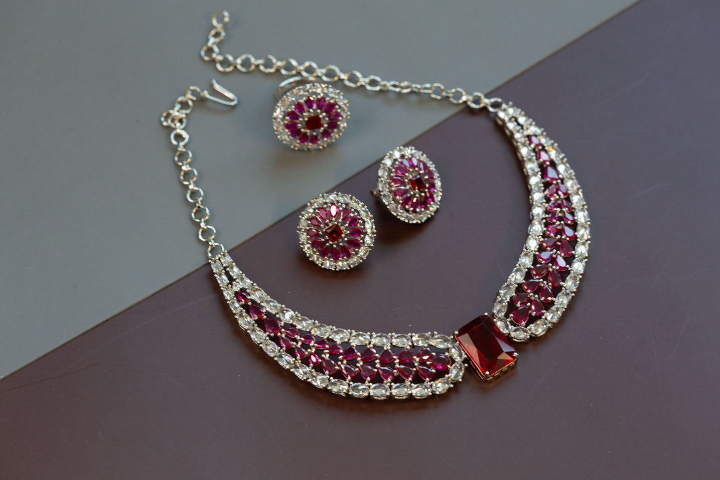 Ruby CZ Necklace, Earrings & Ring Set