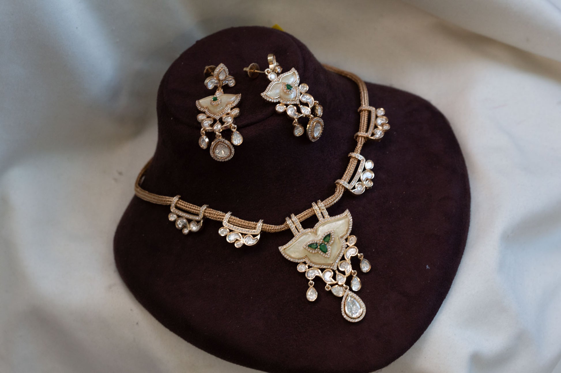 Kundan Polki CZ & MOP Necklace Set - Green
