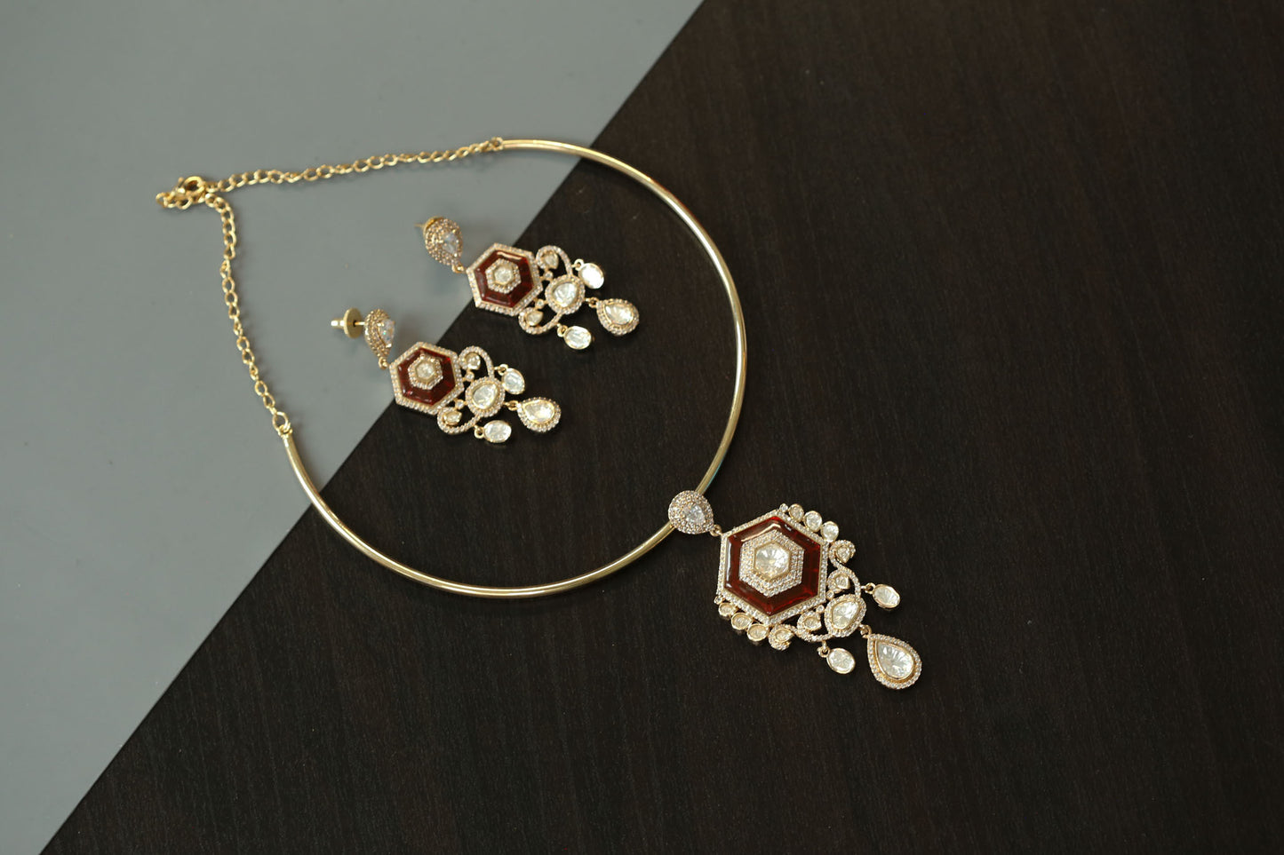 Dainty Red Pota Stone & Kundan Hasli Set