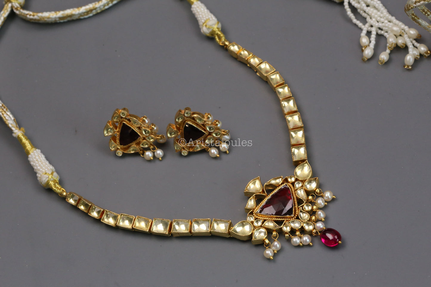 Suvarna Fresh Water Pearls, Rohodolite & Yellow Polki Kundan Set