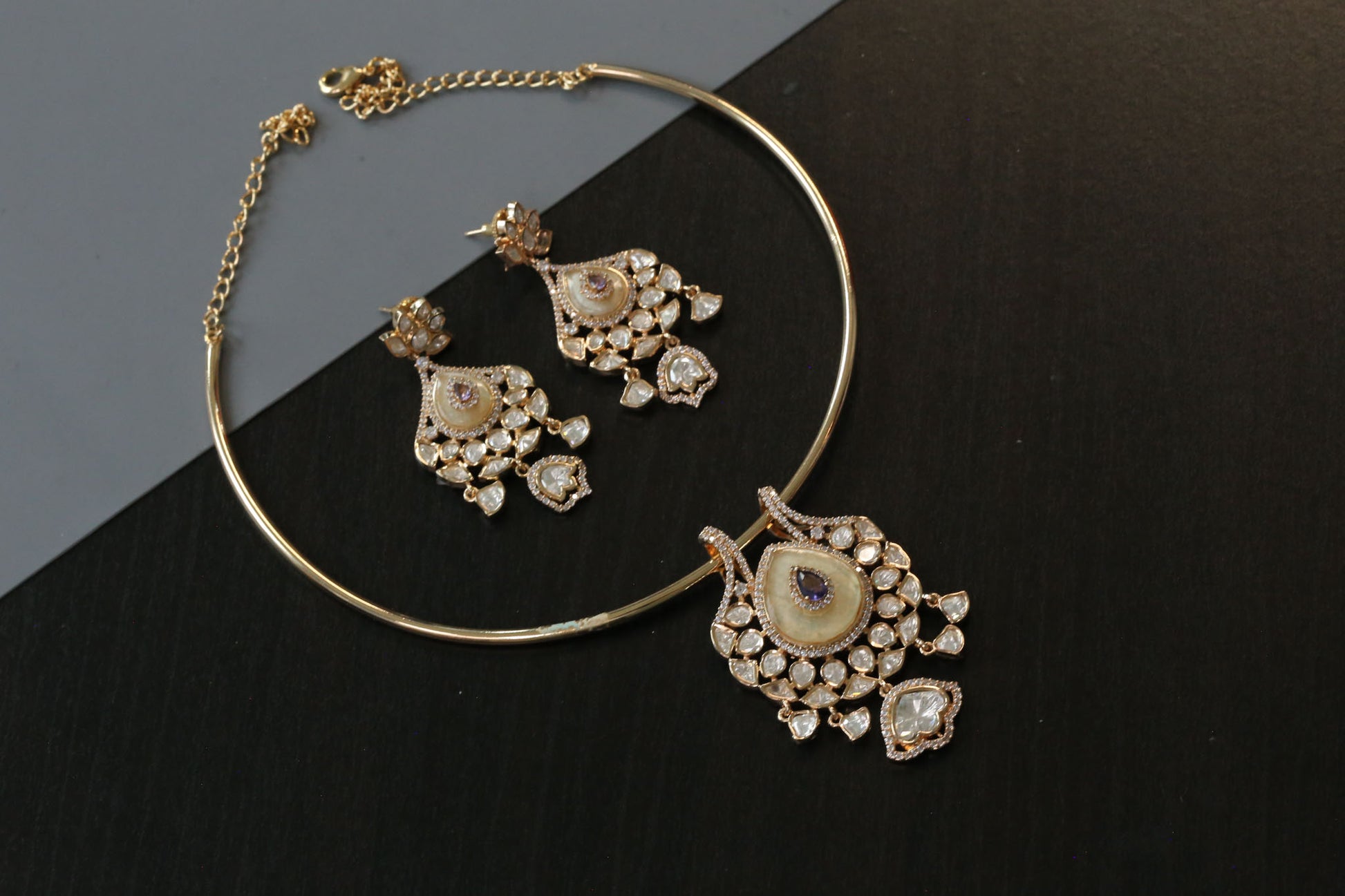 MOP, CZ Stones & Kundan Hasli Set