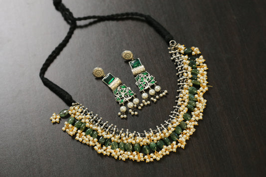 Sirisa Dual Tone Oxidized Necklace Set - Aventurine(T103-30)