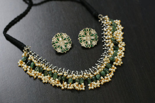 Sirisa Dual Tone Oxidized Necklace Set - Aventurine(T103-31)