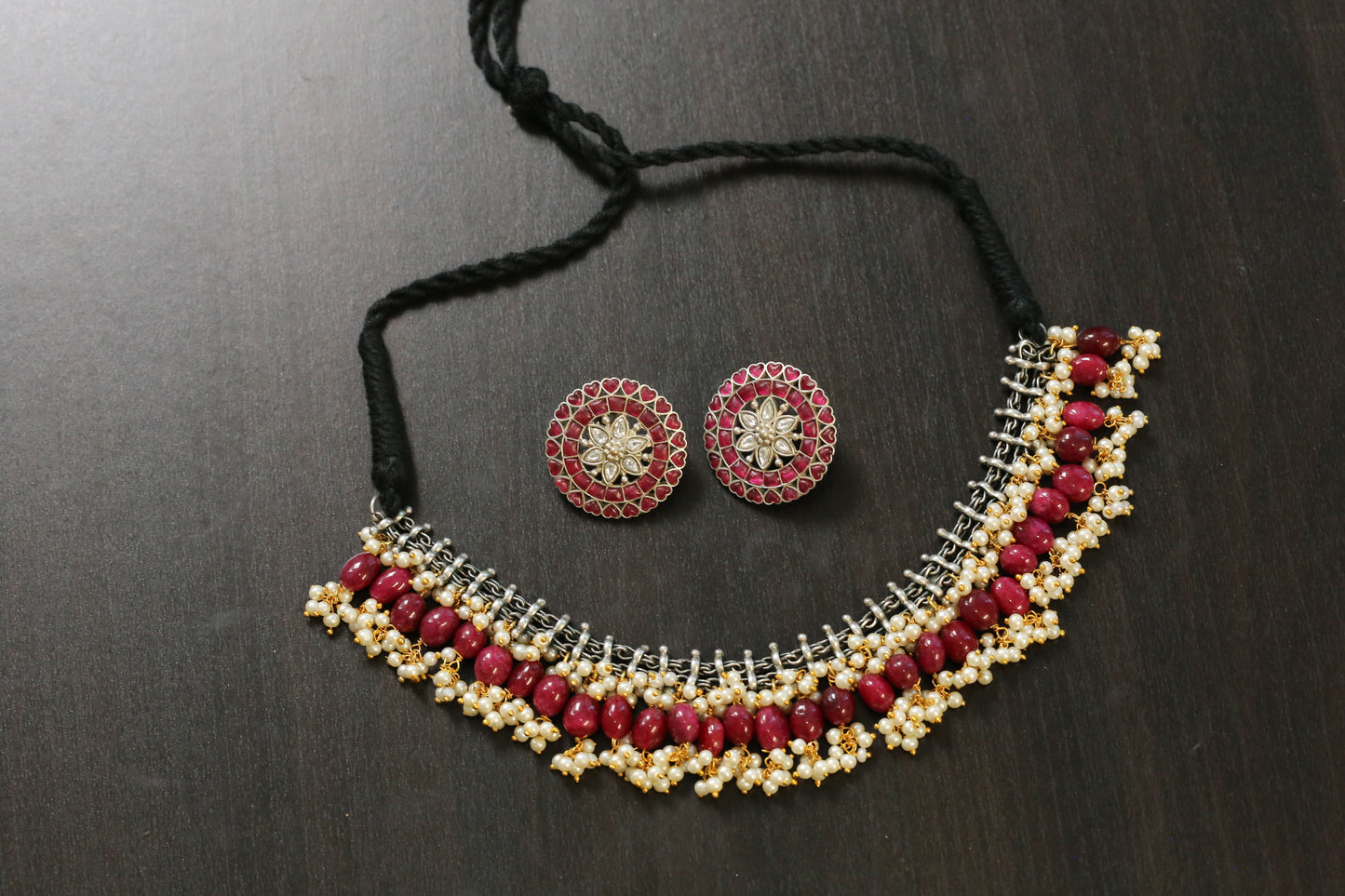 Sirisa Dual Tone Oxidized Necklace Set - Ruby Jade(T103-33)