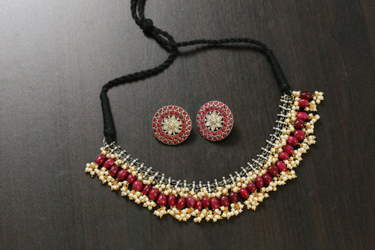 Sirisa Dual Tone Oxidized Necklace Set - Ruby Jade(T103-33)