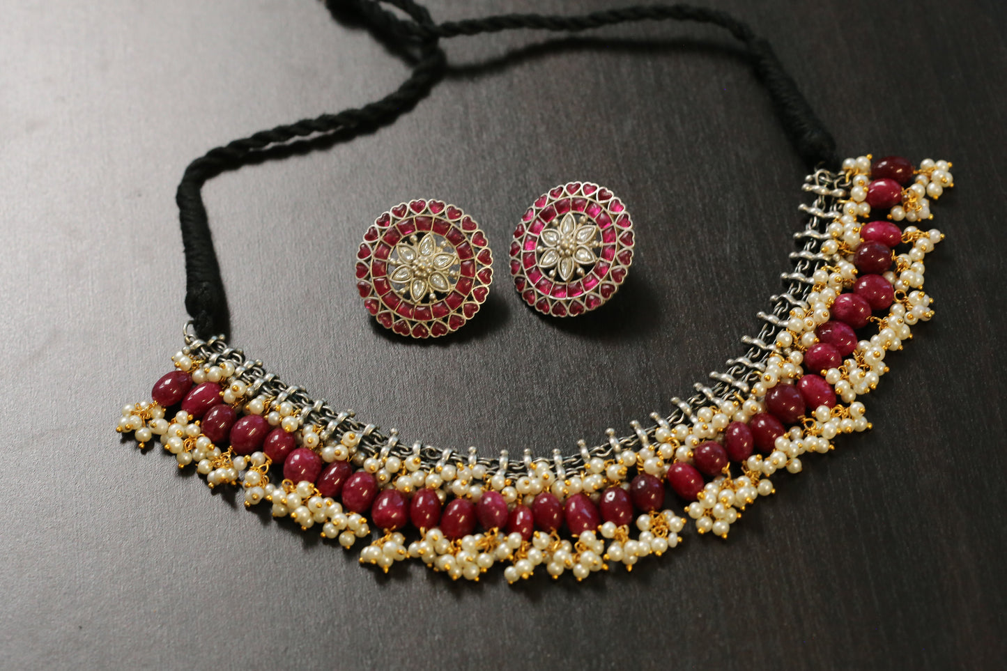 Sirisa Dual Tone Oxidized Necklace Set - Ruby Jade(T103-33)