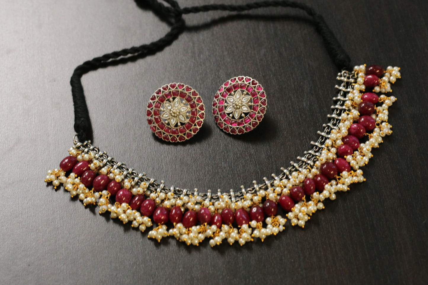 Sirisa Dual Tone Oxidized Necklace Set - Ruby Jade(T103-33)