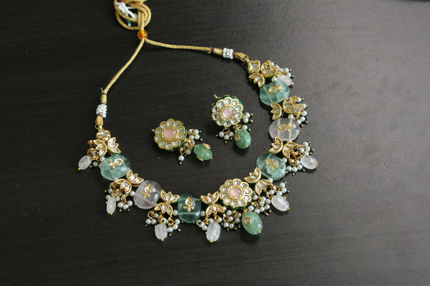 Meerut Kundan Inlay Work Necklace Set - Rose Quartz & Fluorite