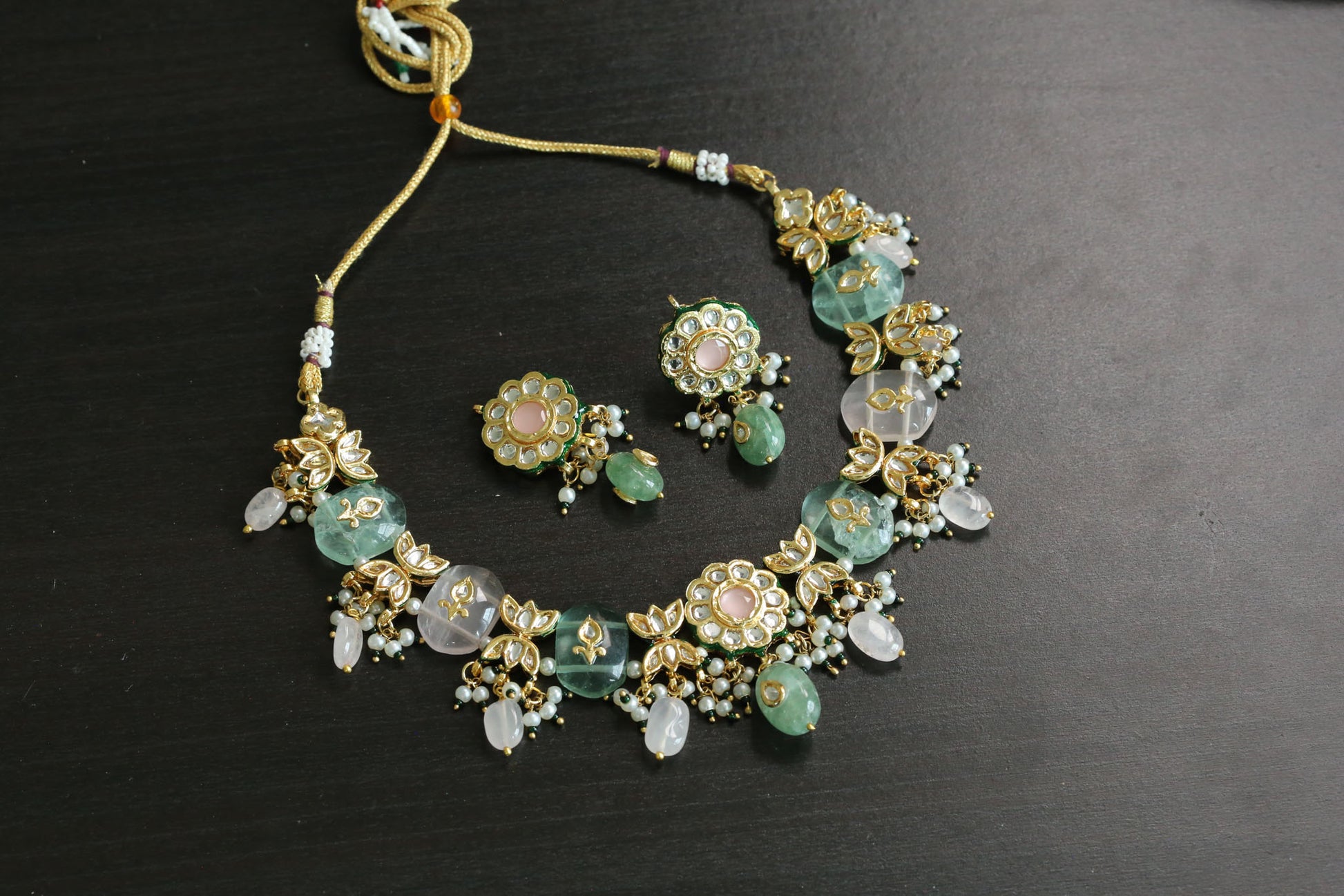 Meerut Kundan Inlay Work Necklace Set - Rose Quartz & Fluorite