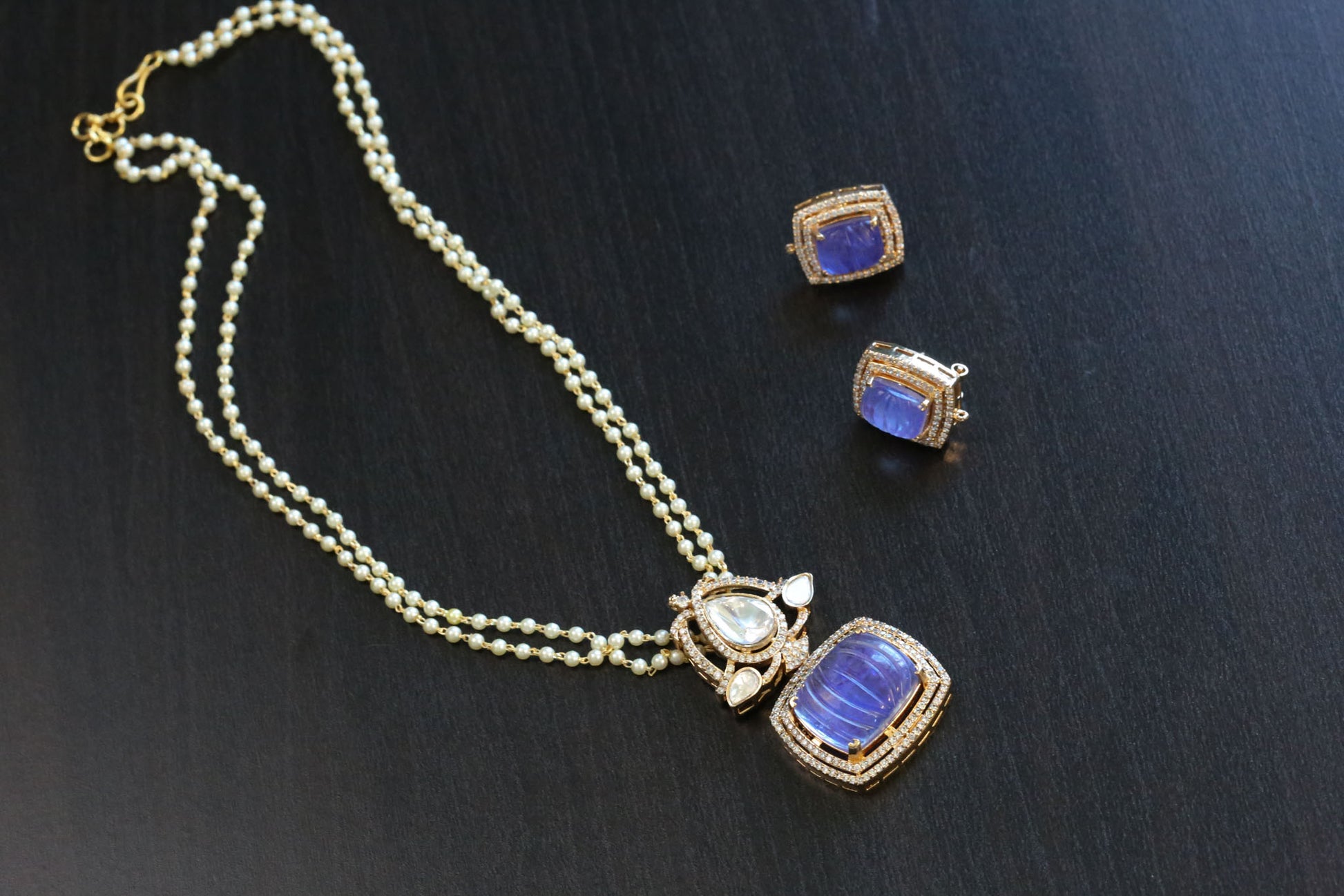 Carved Stone Polki Kundan Necklace Set -Periwinkle Blue