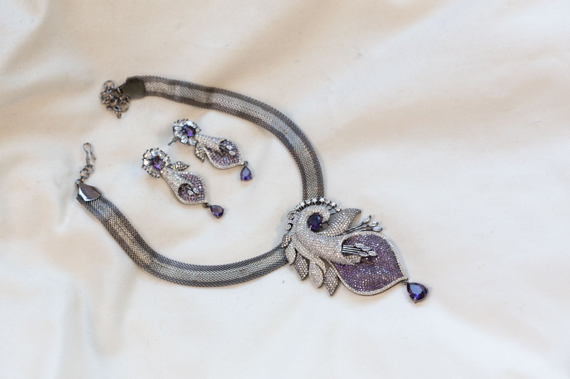 Victorian Black Polish & Micro CZ Necklace Set - Purple