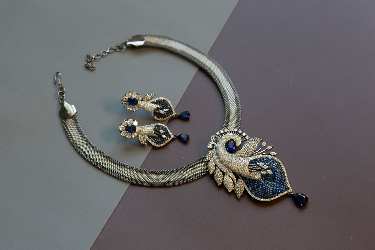 Victorian Black Polish & Micro CZ Necklace Set - Blue