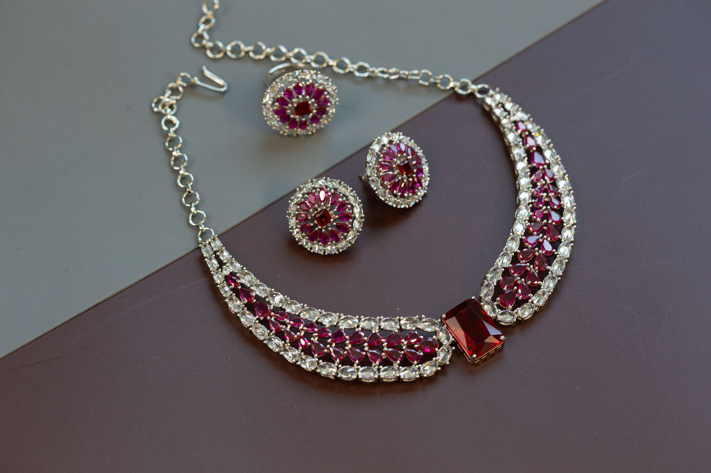 Ruby CZ Necklace, Earrings & Ring Set