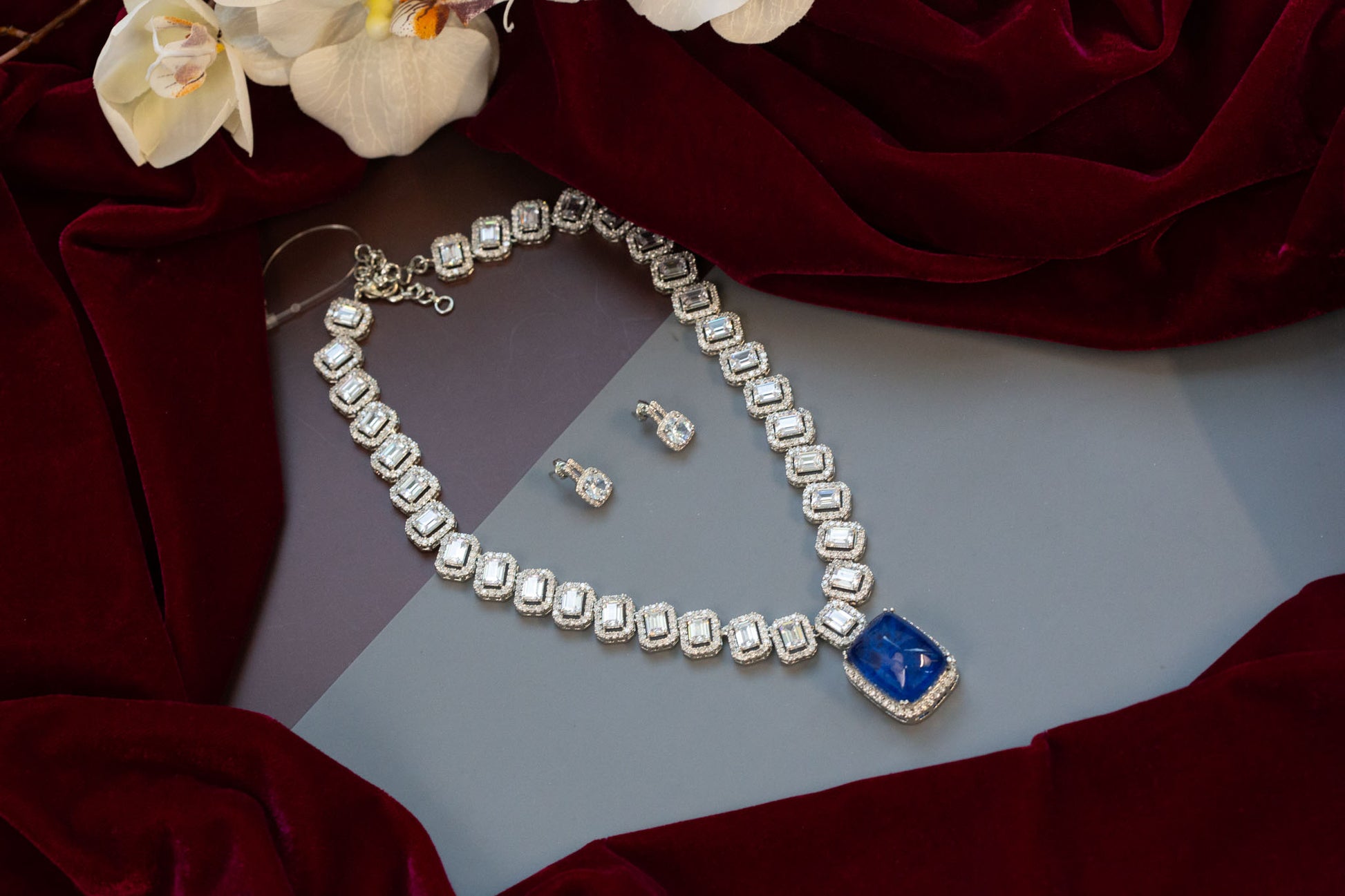 Blue Doublet Micro CZ Tiara Necklace Set
