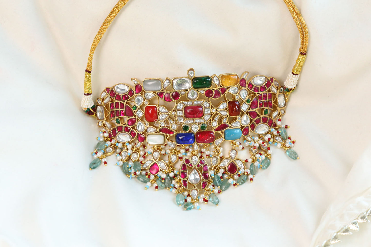 Semiprecious Navratna Kundan Choker Set - Apatite drops