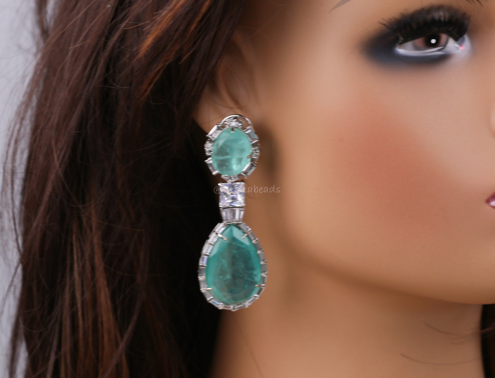 Nora Doublet Silver Finish Earrings (101-88)- Aqua