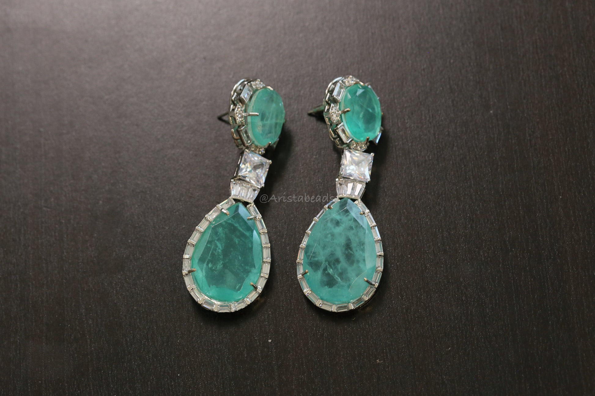 Nora Doublet Silver Finish Earrings (101-88)- Aqua