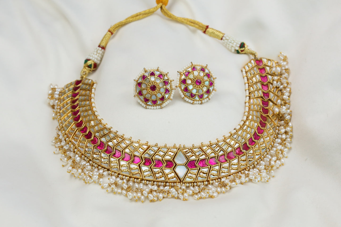 Handmade Jadau MOP & Ruby Kundan Necklace Set