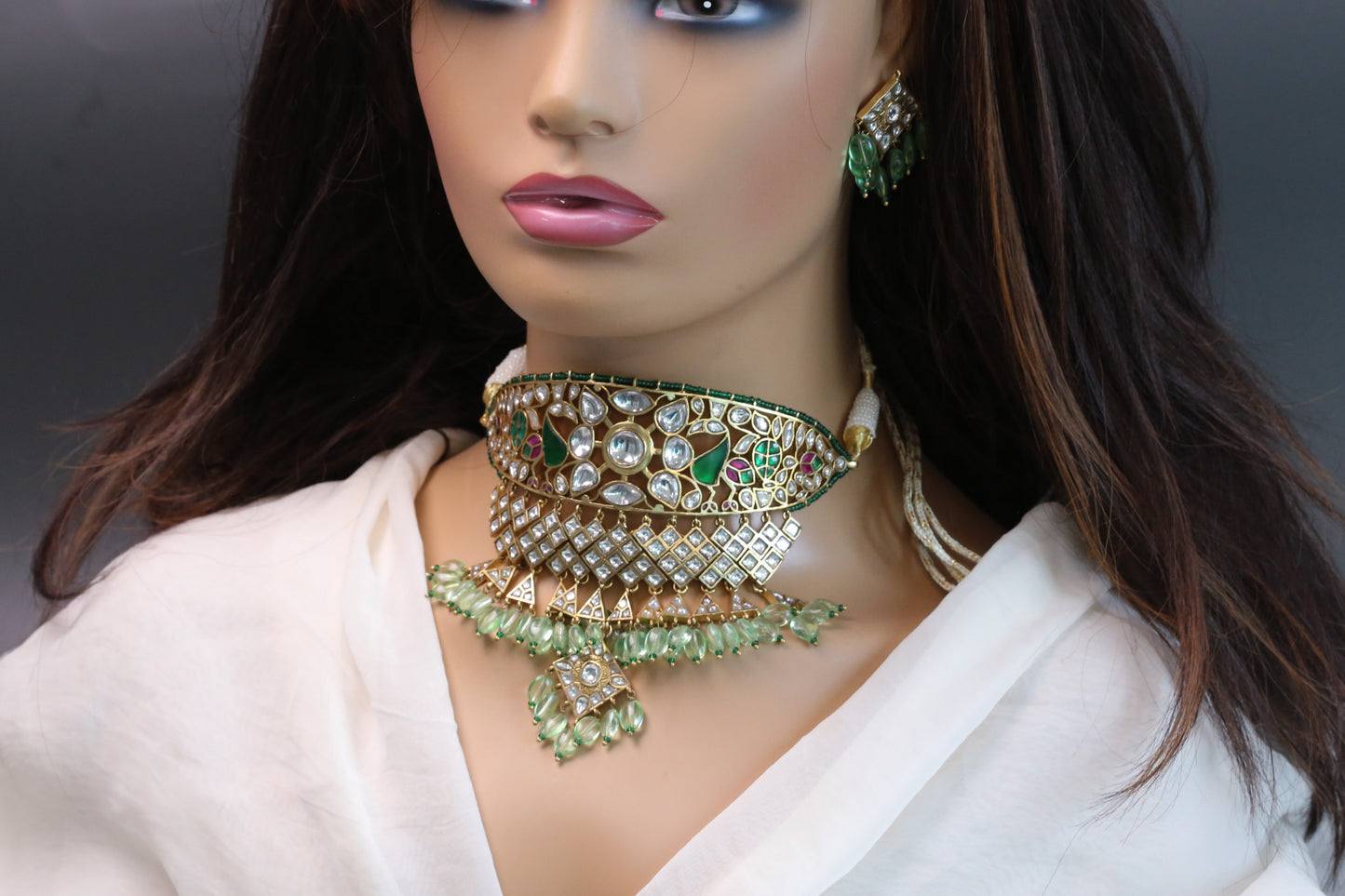 Jodha Vintage Polish Jadau Kundan Aad Choker Set - Green