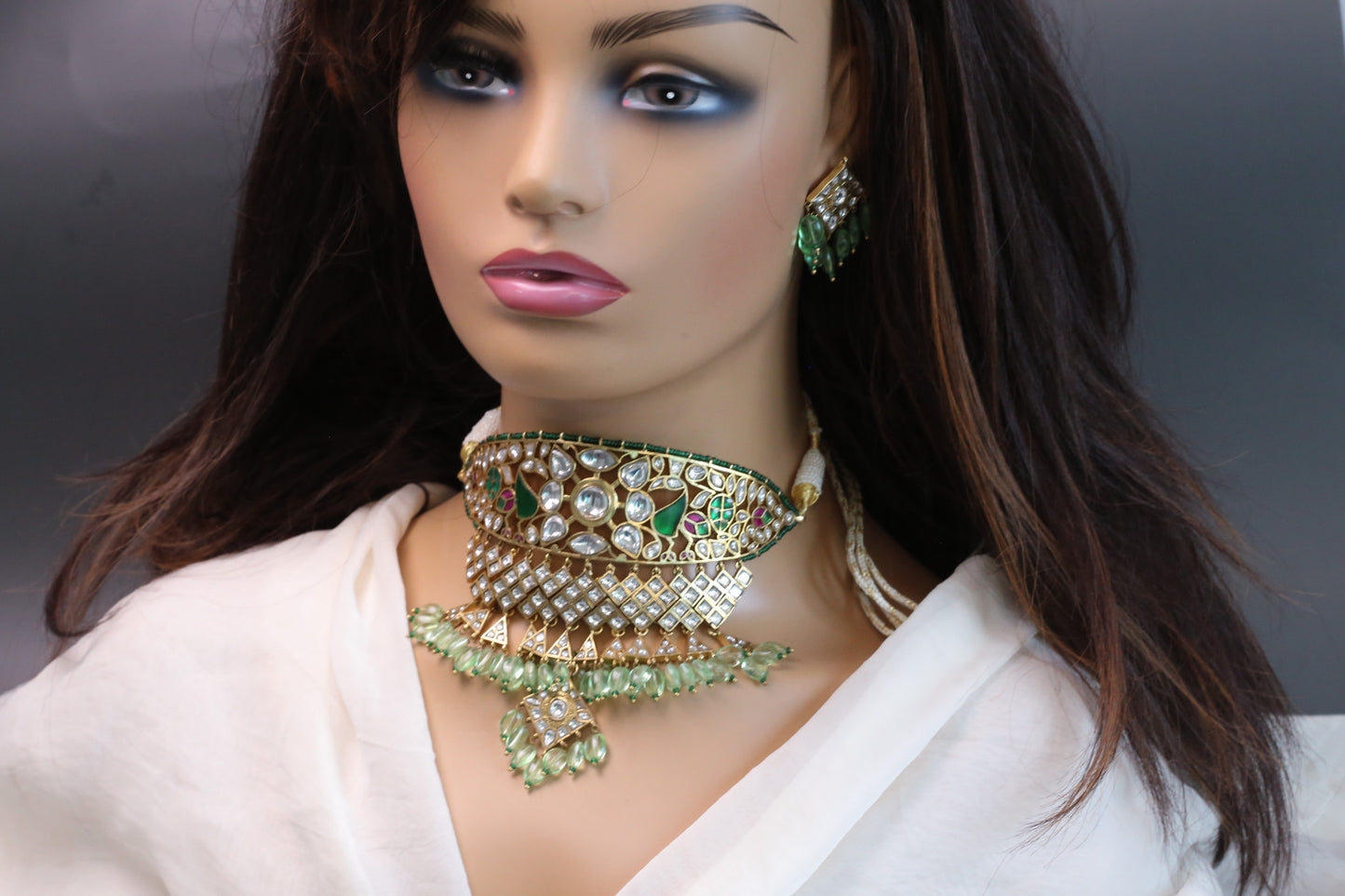 Jodha Vintage Polish Jadau Kundan Aad Choker Set - Green