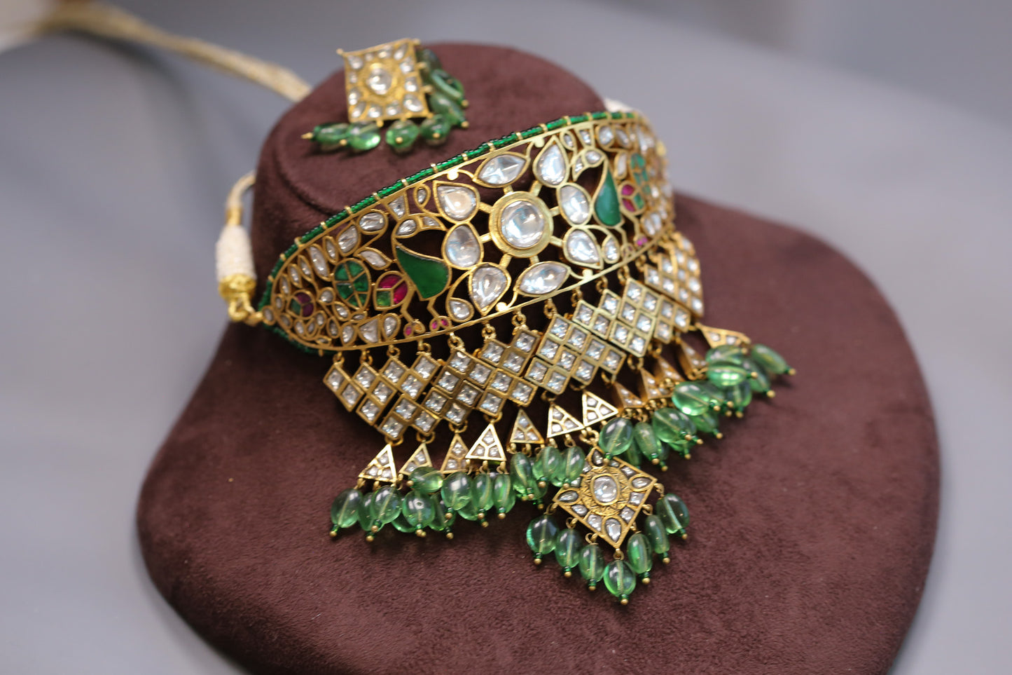 Jodha Vintage Polish Jadau Kundan Aad Choker Set - Green