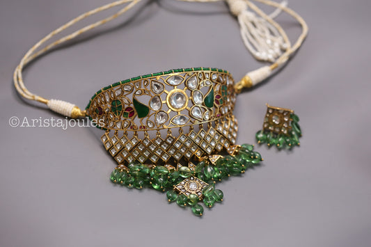 Jodha Vintage Polish Jadau Kundan Aad Choker Set - Green