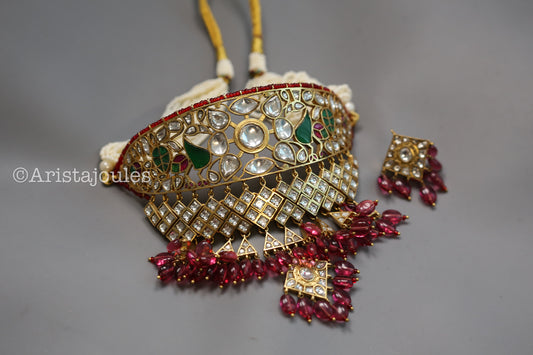 Jodha Vintage Polish Jadau Kundan Aad Choker Set - Red