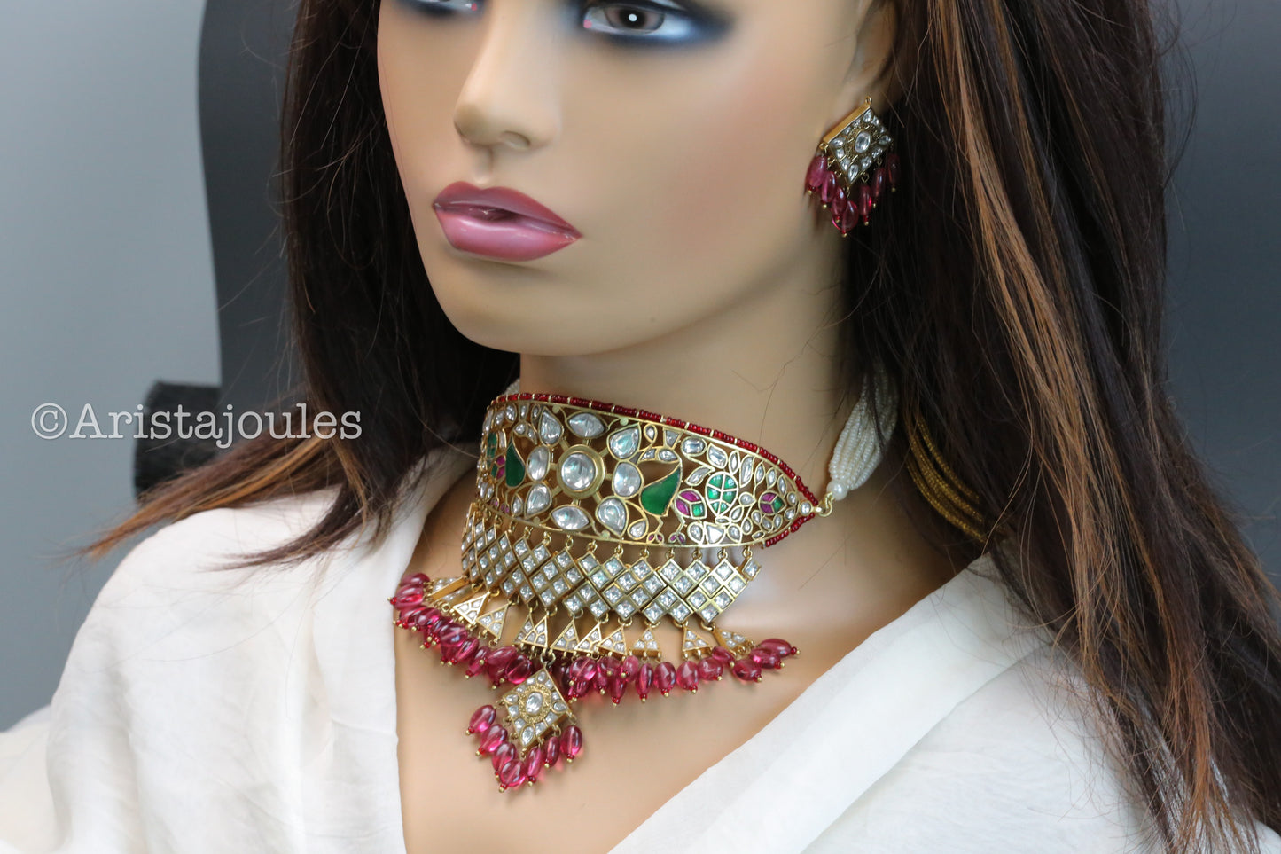 Jodha Vintage Polish Jadau Kundan Aad Choker Set - Red