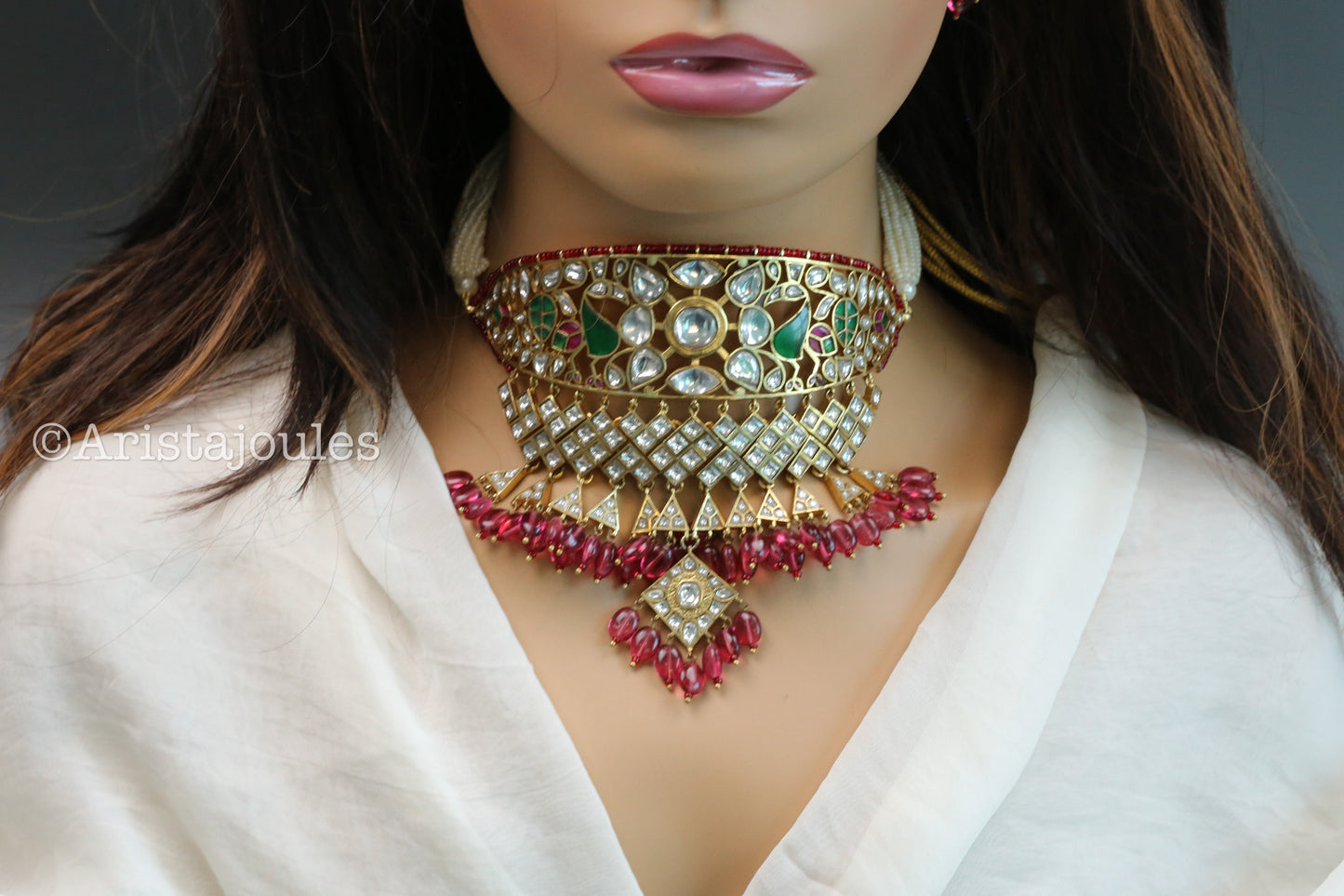 Jodha Vintage Polish Jadau Kundan Aad Choker Set - Red