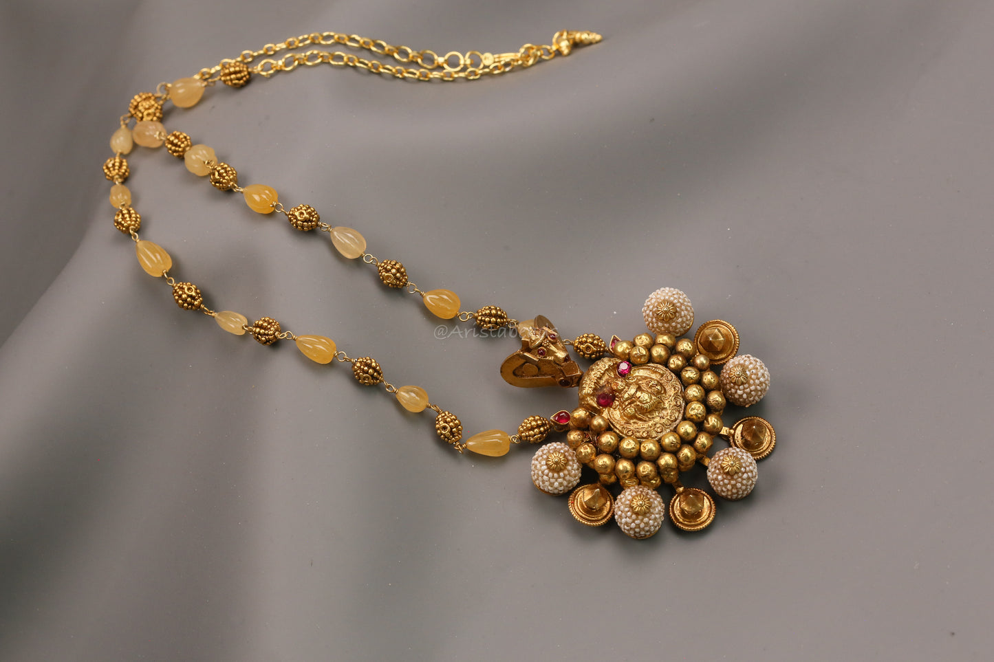 Vintage 925 Silver 3D Nandi Nagaru Pendant in Silver & Citrine Beads Mala