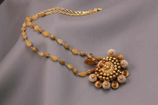 Vintage 925 Silver 3D Nandi Nagaru Pendant in Silver & Citrine Beads Mala